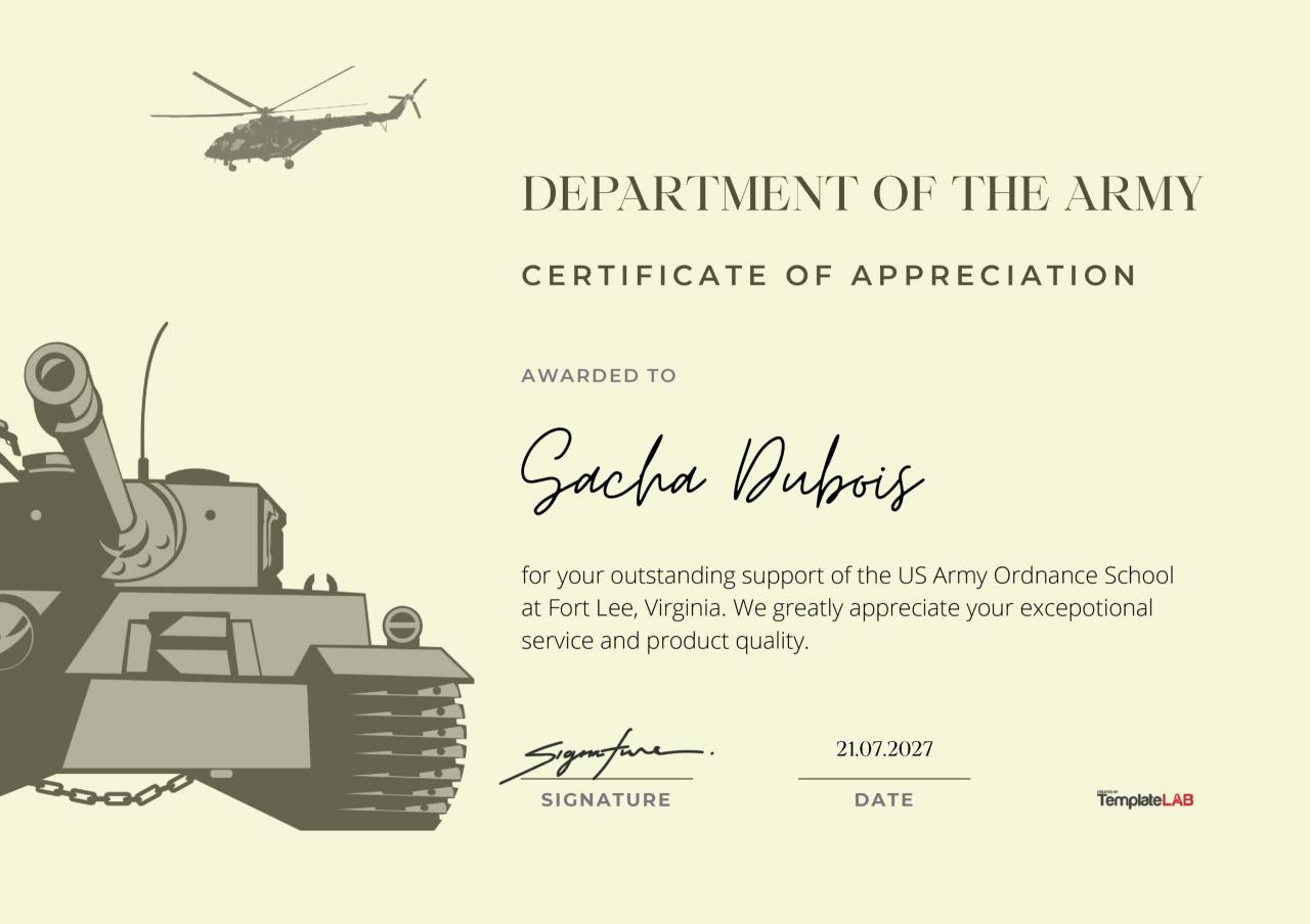 Certificado de reconocimiento del ejército gratuito