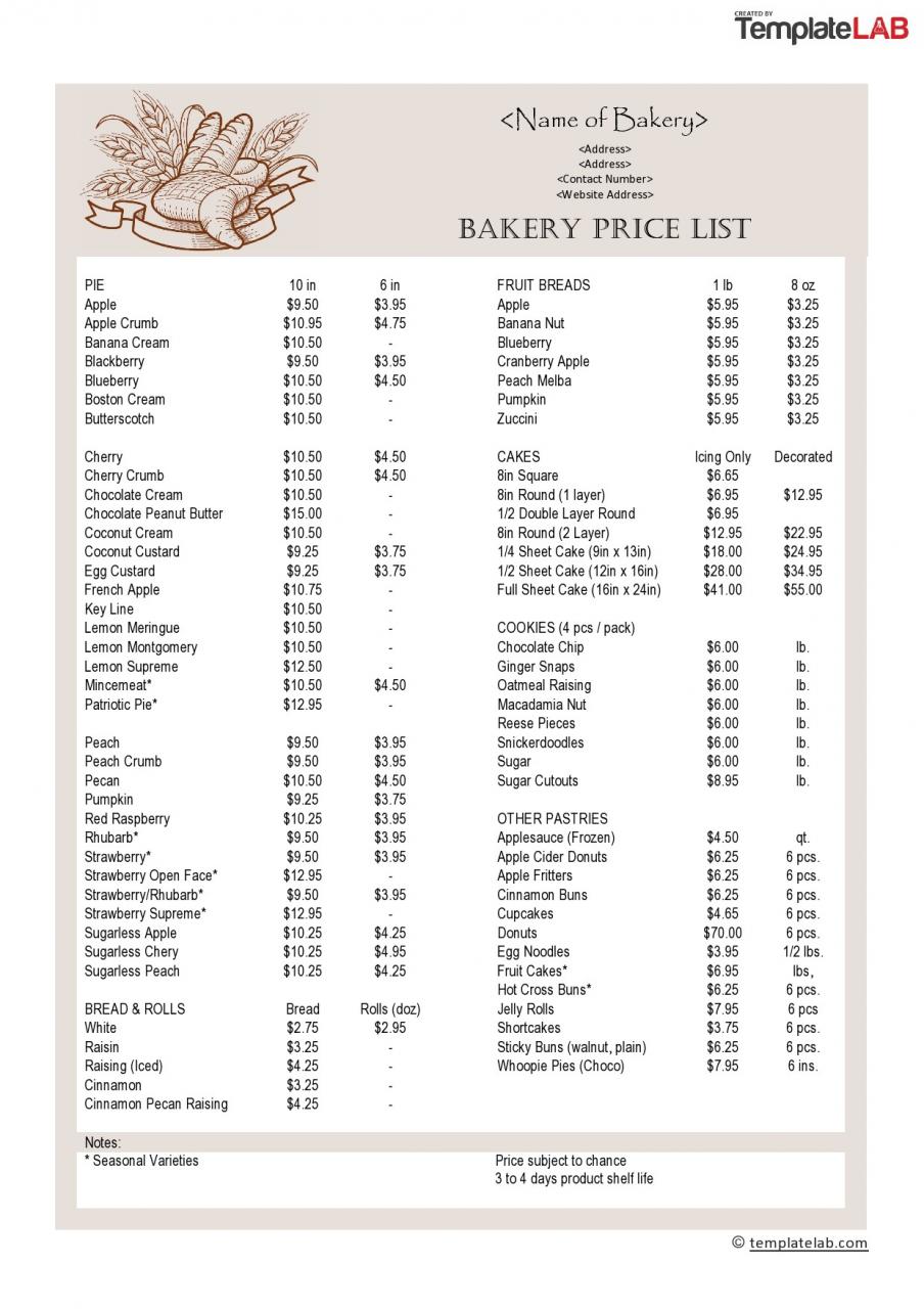 Plantilla de lista de precios de panadería gratis - TemplateLab