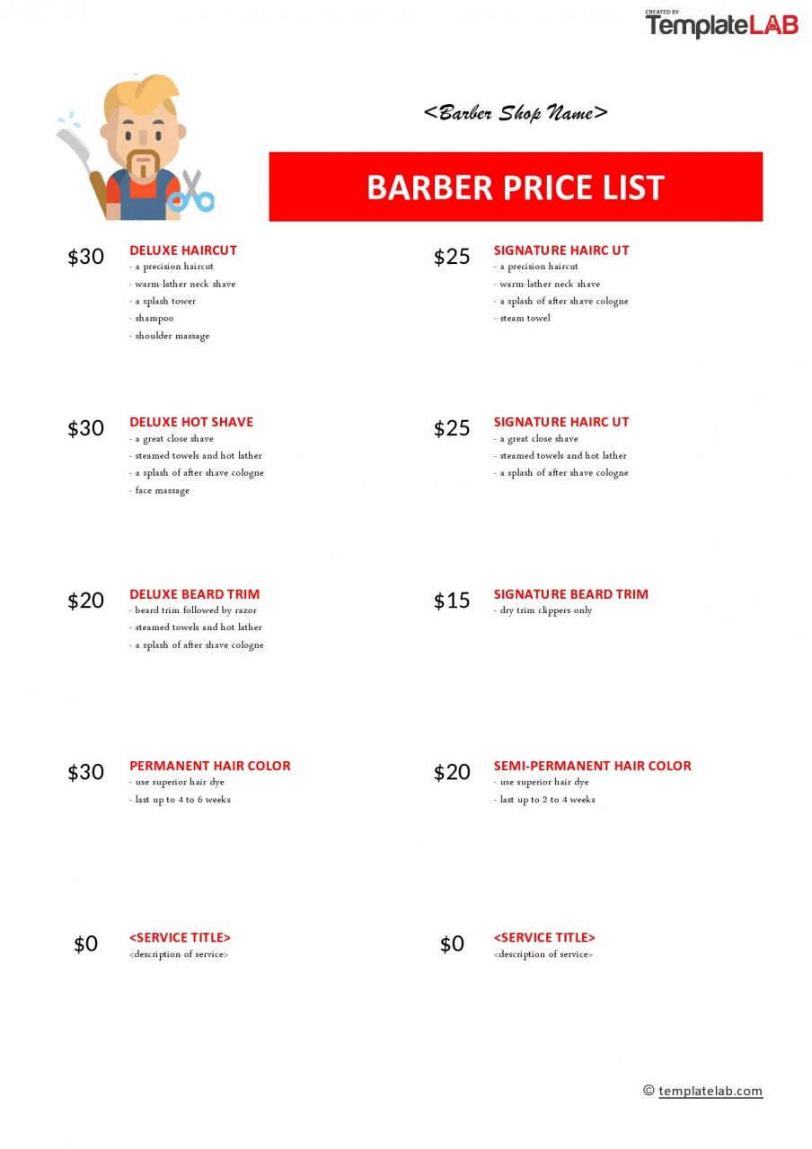 Plantilla de lista de precios de peluquería gratis - TemplateLab