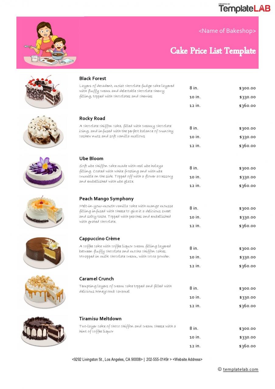 Plantilla de lista de precios de pasteles gratis - TemplateLab