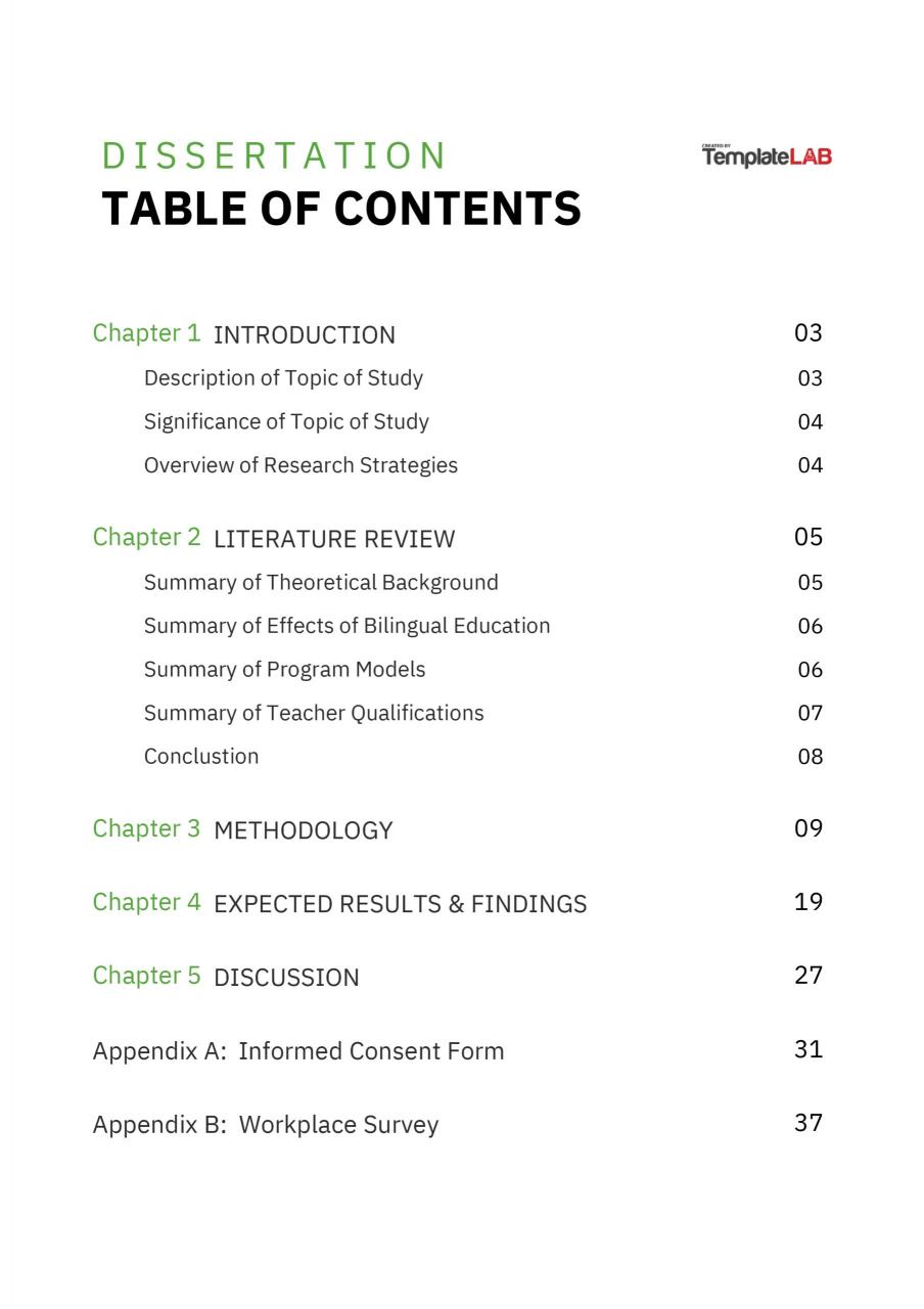 Plantilla de tabla de contenido de disertación gratuita