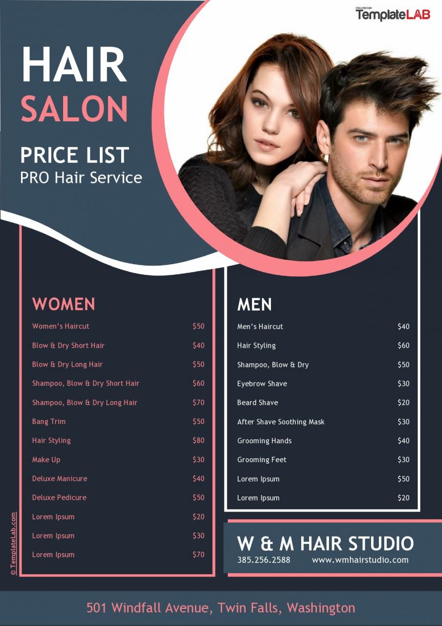 Plantilla de lista de precios de peluquería gratis - TemplateLab.com