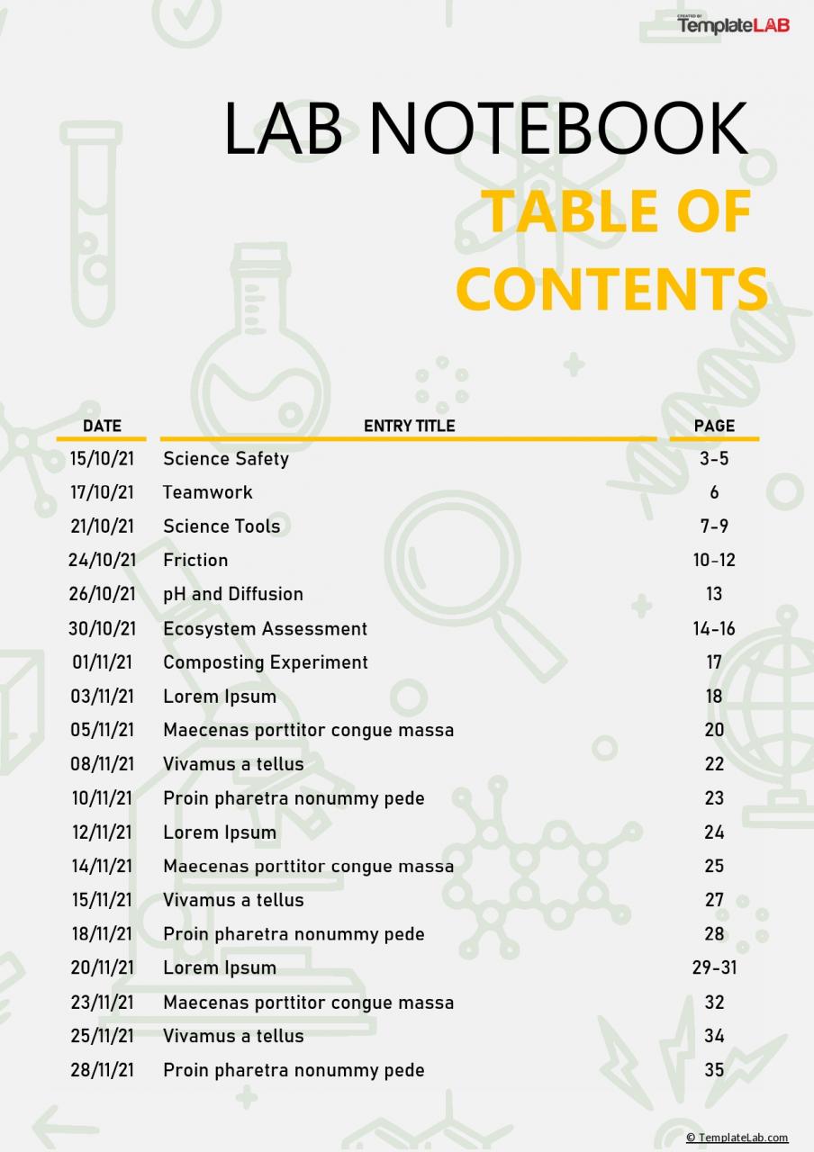 Tabla de contenido del cuaderno de laboratorio gratuito