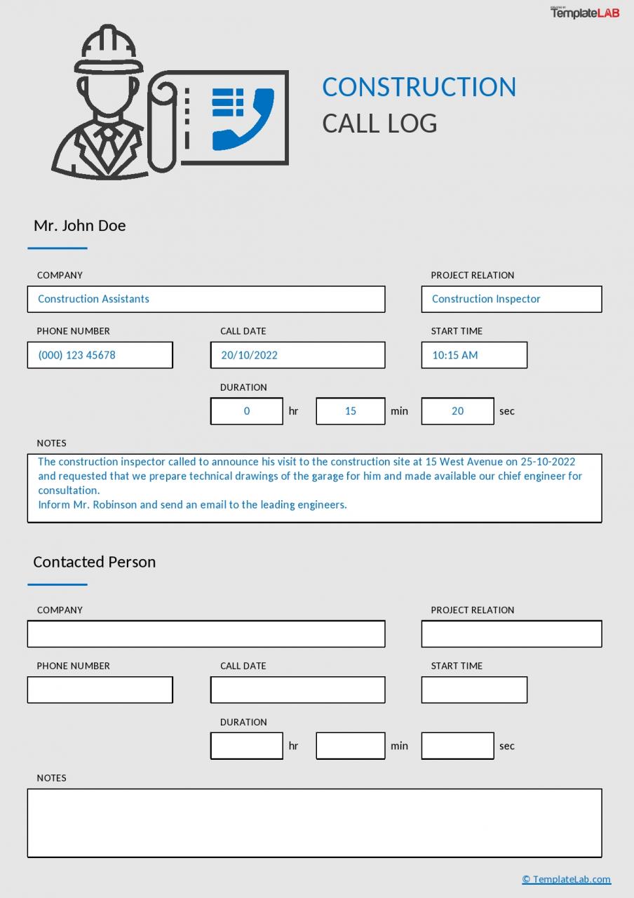 Plantilla de registro de llamadas de construcción gratis