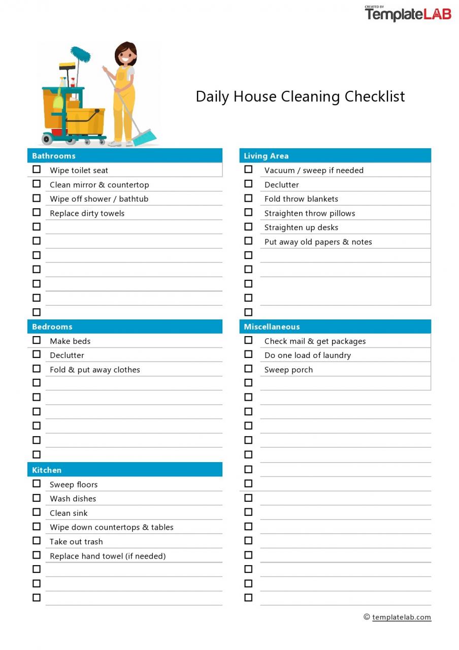 Lista de verificación de limpieza diaria gratuita de la casa - TemplateLab