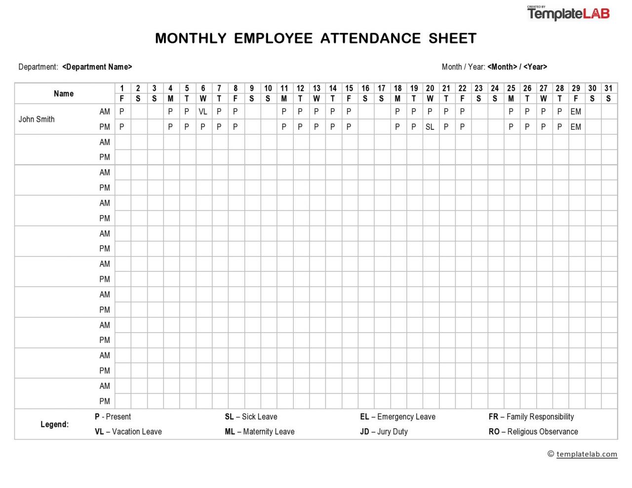 Hoja de asistencia de empleados gratis (mensual)