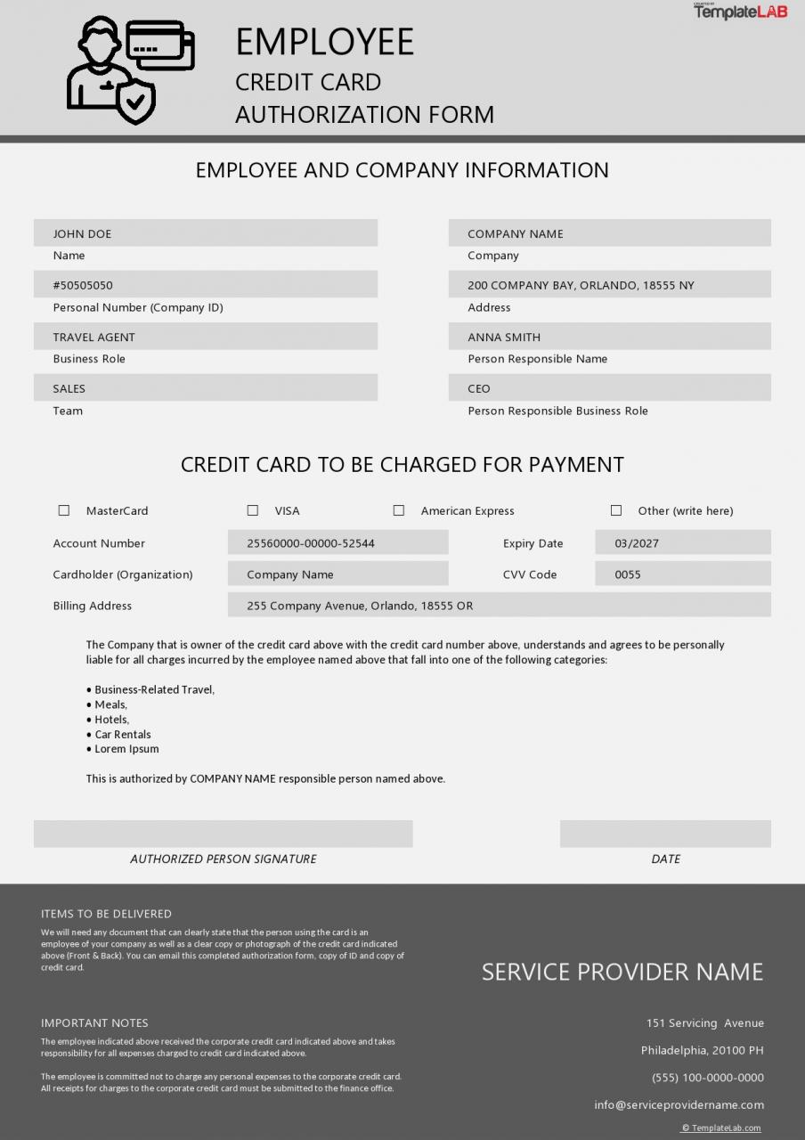 Formulario gratuito de autorización de tarjeta de crédito para empleados - TemplateLab.com