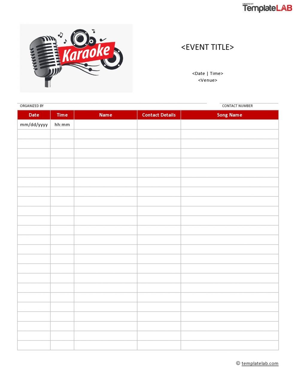 Hoja de registro de karaoke gratis