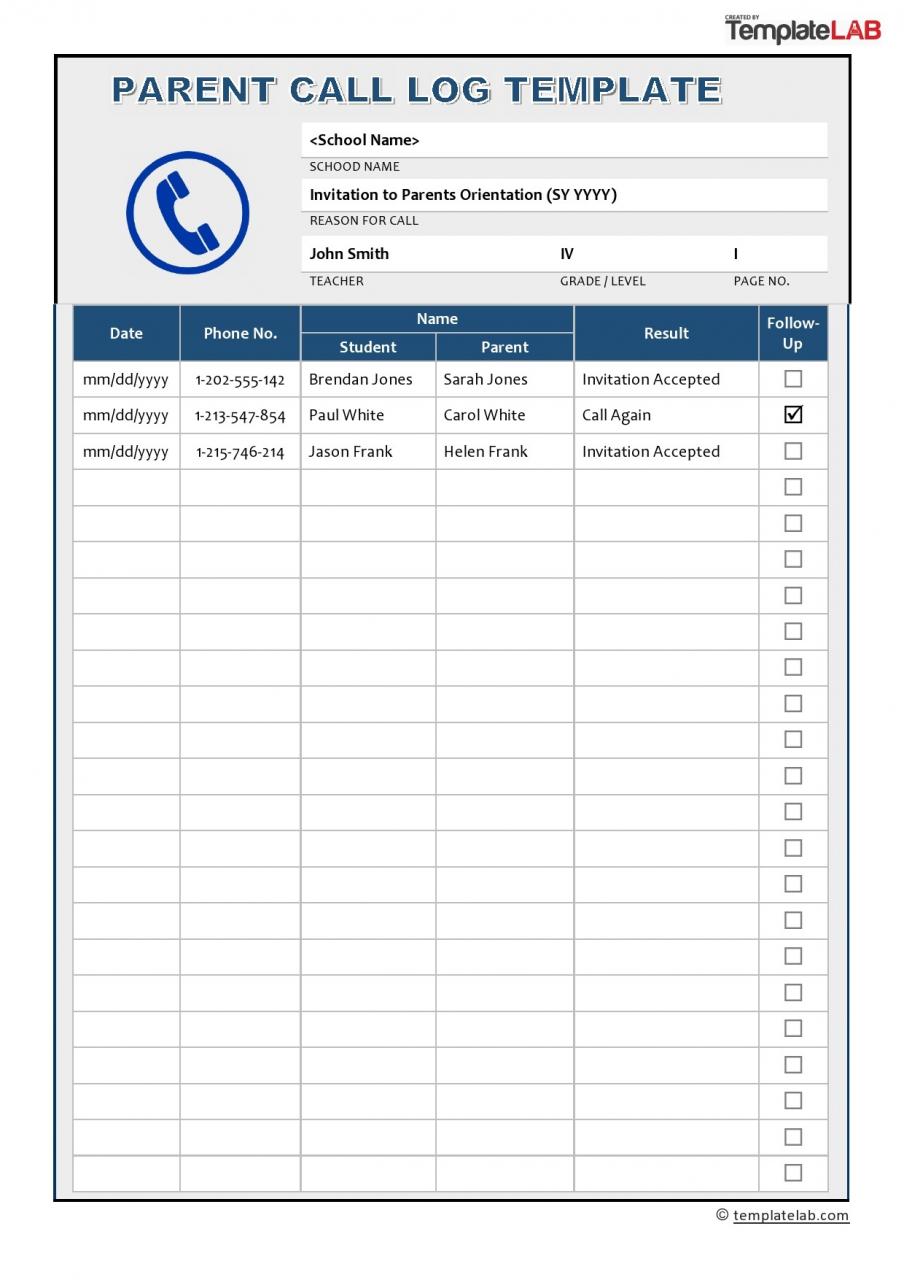 Plantilla gratuita de registro de llamadas para padres 01