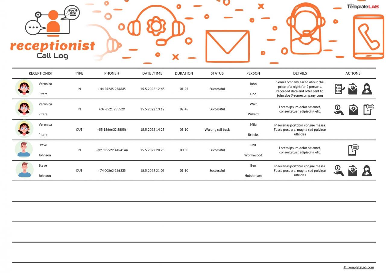 Plantilla de registro de llamadas de recepcionista gratis