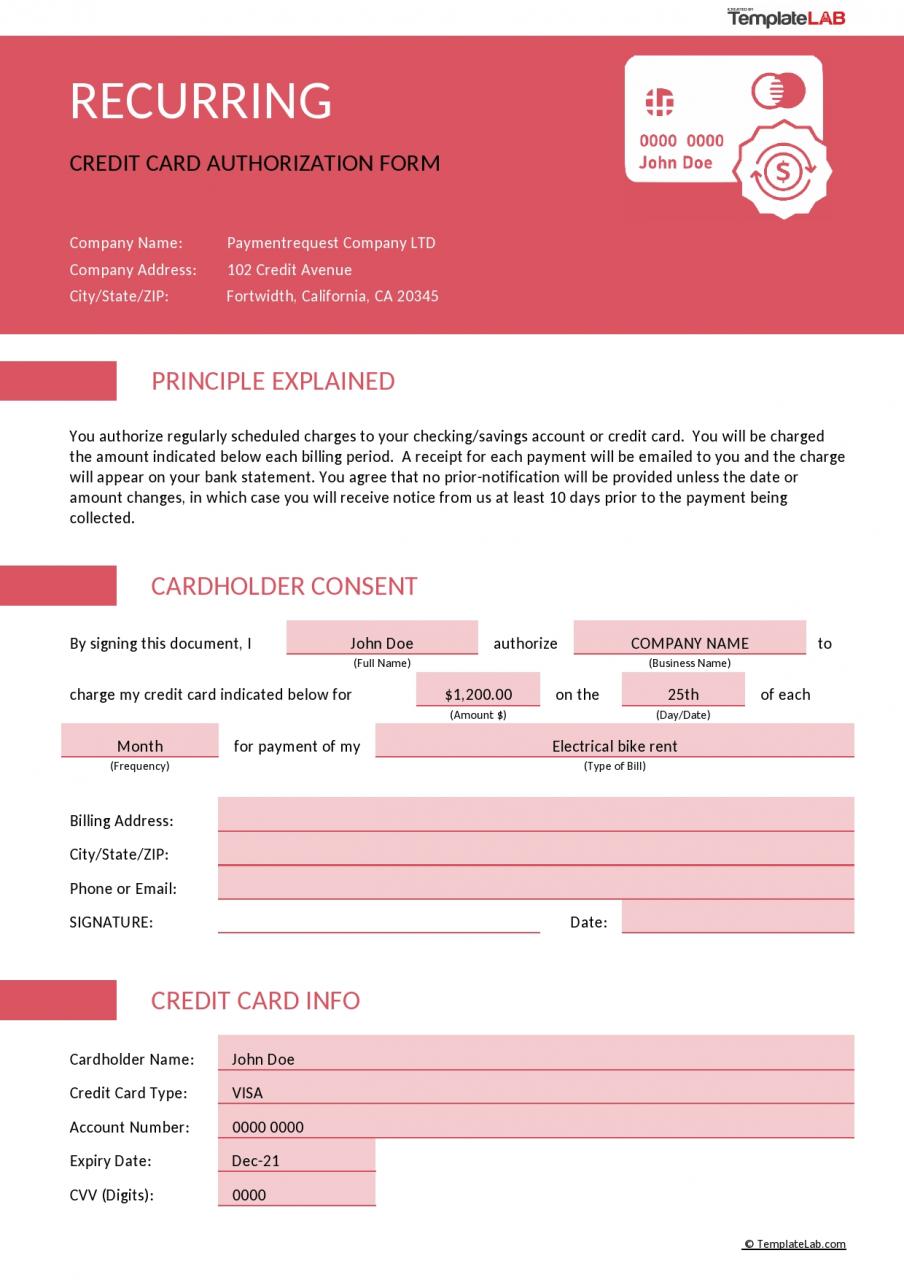 Formulario gratuito de autorización de tarjeta de crédito recurrente - TemplateLab.com