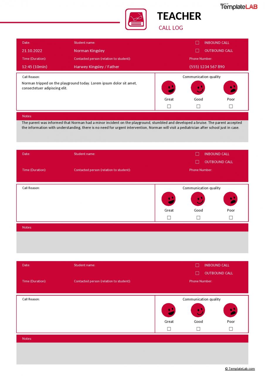 Plantilla de registro de llamadas de maestros gratis