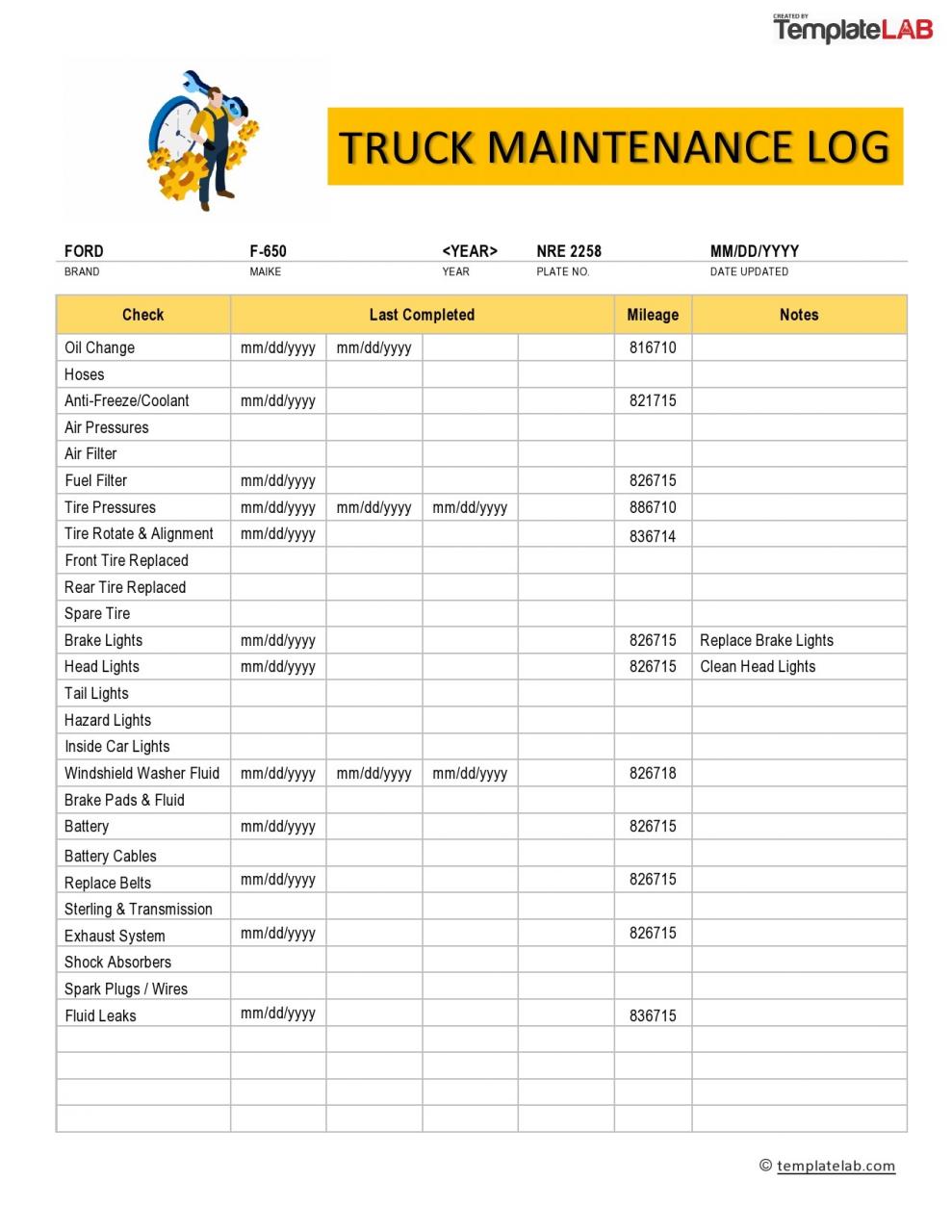 Registro de mantenimiento de camiones gratuito 02 - TemplateLab.com
