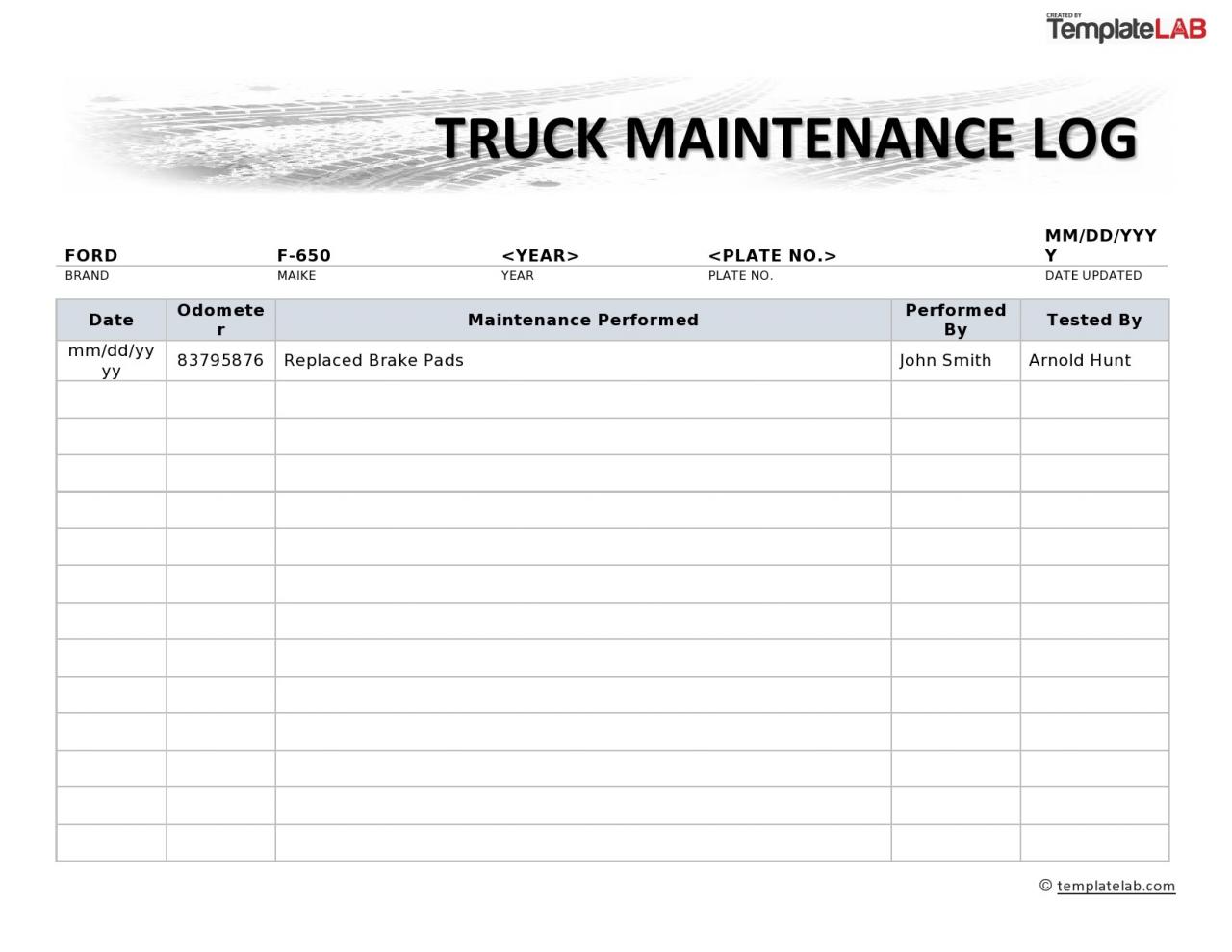 Registro de mantenimiento de camiones gratuito