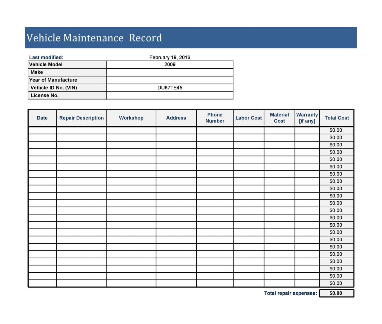 Plantilla de registro de mantenimiento de vehículos gratis 18