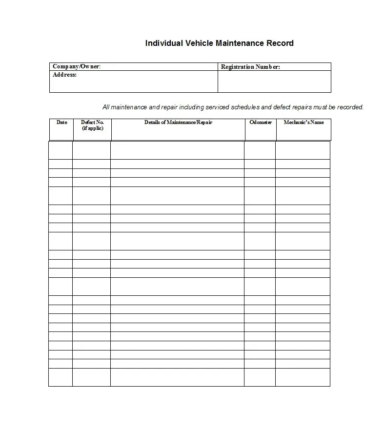 Plantilla de registro de mantenimiento de vehículos gratis 40