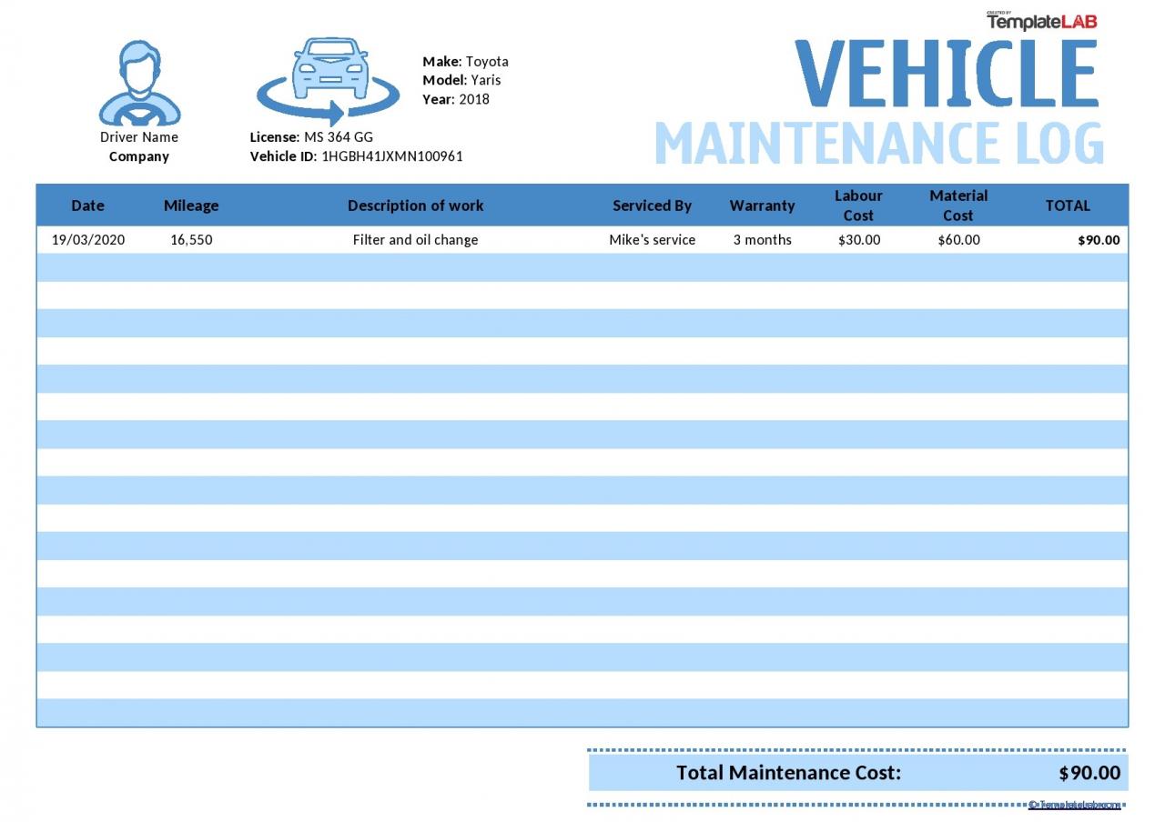 Registro gratuito de mantenimiento del vehículo - TemplateLab.com