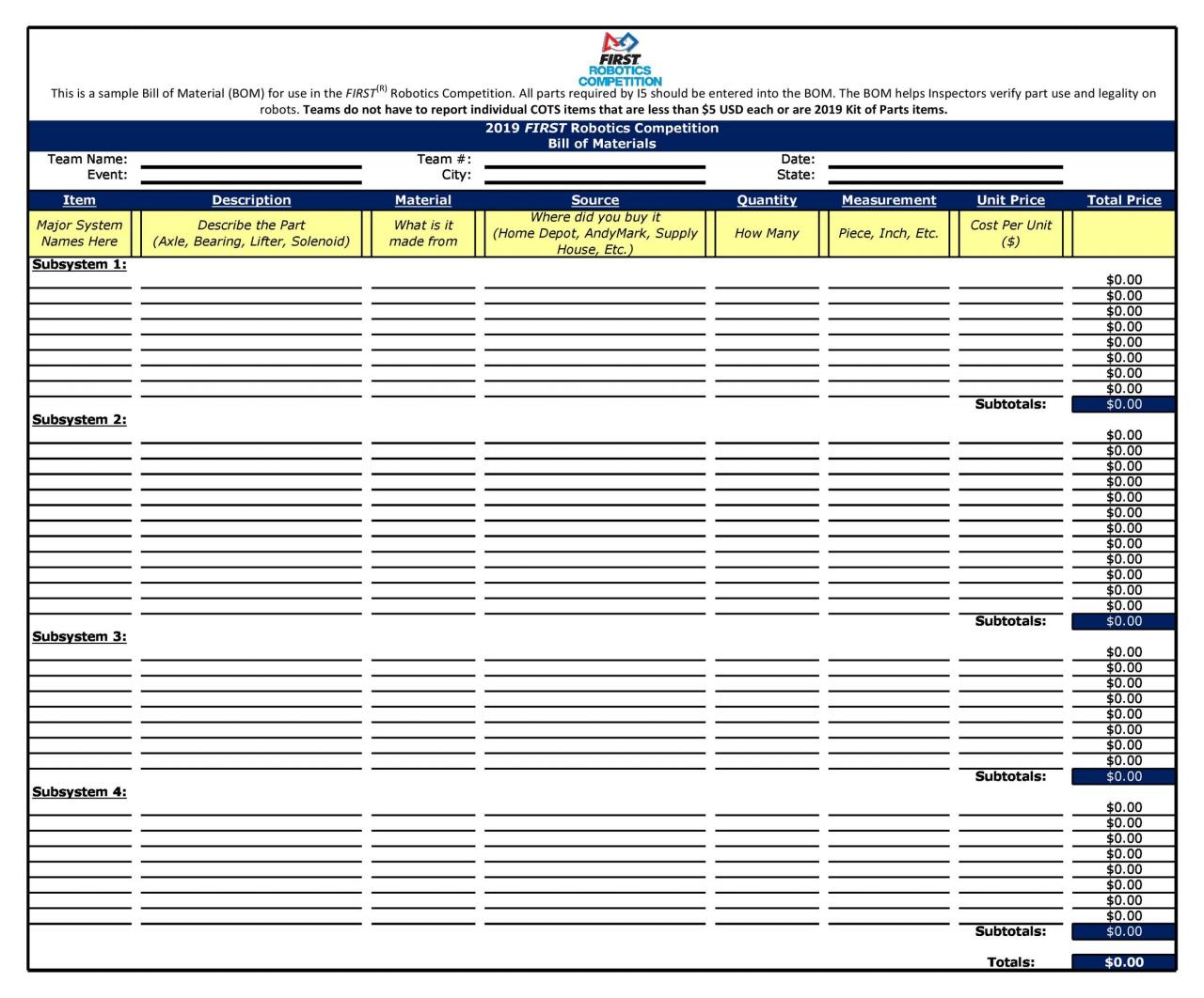 Plantilla gratuita de lista de materiales 01