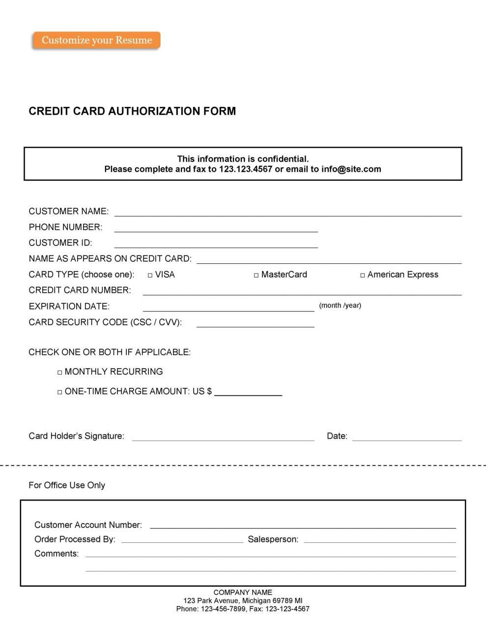 Plantilla de formulario de autorización de tarjeta de crédito gratis 07