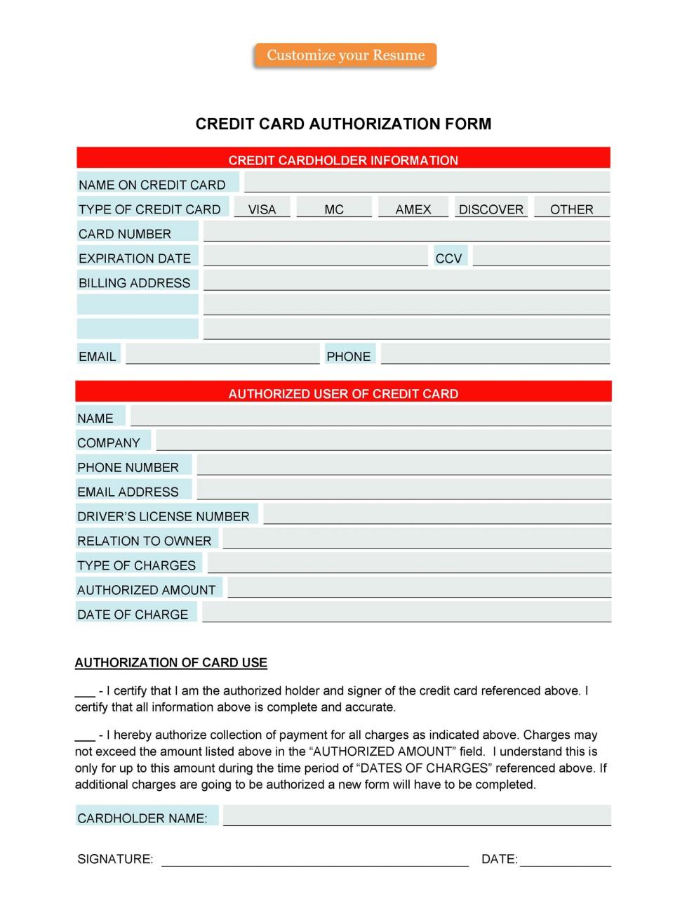Plantilla de formulario de autorización de tarjeta de crédito gratis 12