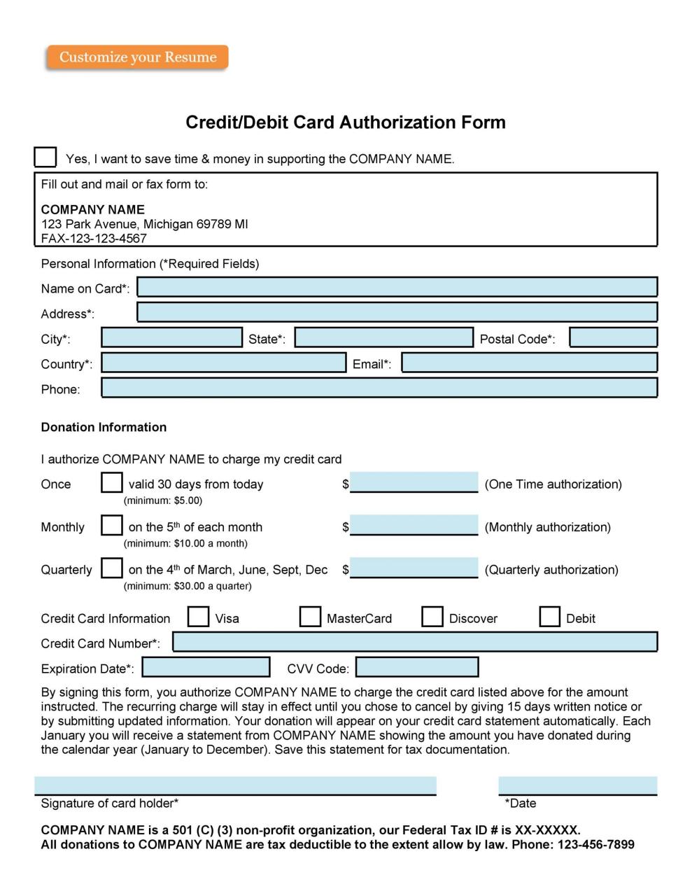 Plantilla de formulario de autorización de tarjeta de crédito gratis 30